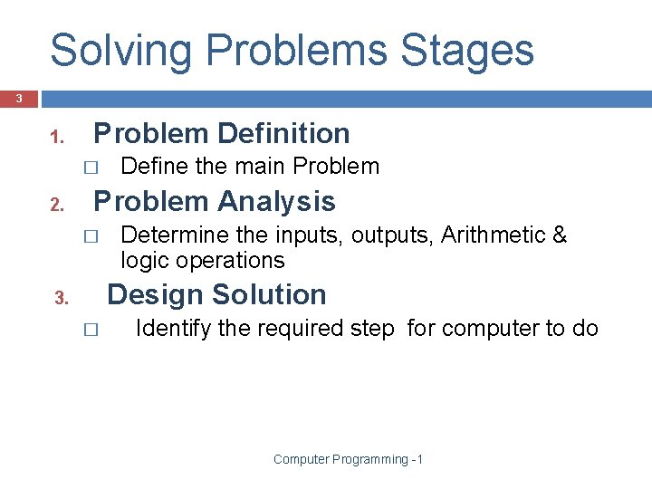 Solving Problems Stages 3 1. Problem Definition � 2. Define the main Problem Analysis Solving Problems Stages 3 1. Problem Definition � 2. Define the main Problem Analysis