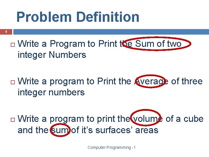 Problem Definition 4 Write a Program to Print the Sum of two integer Numbers