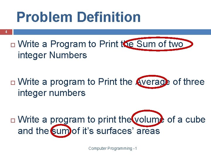Problem Definition 4 Write a Program to Print the Sum of two integer Numbers Problem Definition 4 Write a Program to Print the Sum of two integer Numbers