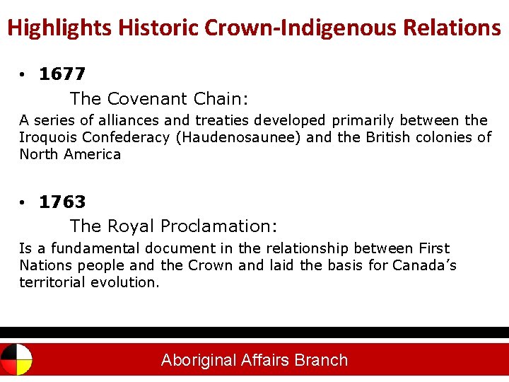 Highlights Historic Crown-Indigenous Relations Outline • 1677 The Covenant Chain: A series of alliances