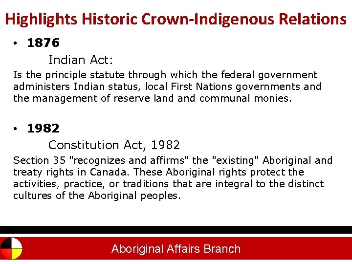 Highlights Historic Crown-Indigenous Relations Outline • 1876 Indian Act: Is the principle statute through