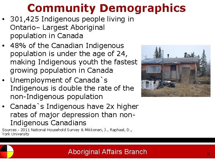 Community Demographics • 301, 425 Indigenous people living in Ontario– Largest Aboriginal population in