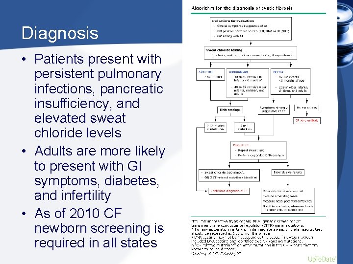Diagnosis • Patients present with persistent pulmonary infections, pancreatic insufficiency, and elevated sweat chloride Diagnosis • Patients present with persistent pulmonary infections, pancreatic insufficiency, and elevated sweat chloride