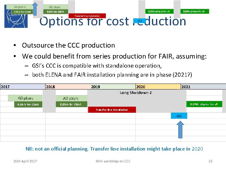 Options for cost reduction • Outsource the CCC production • We could benefit from