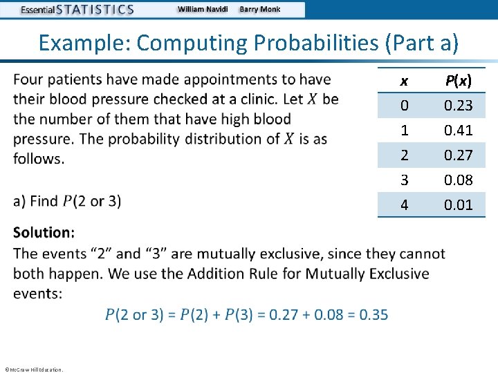 Example: Computing Probabilities (Part a) • • ©Mc. Graw-Hill Education. x 0 1 2