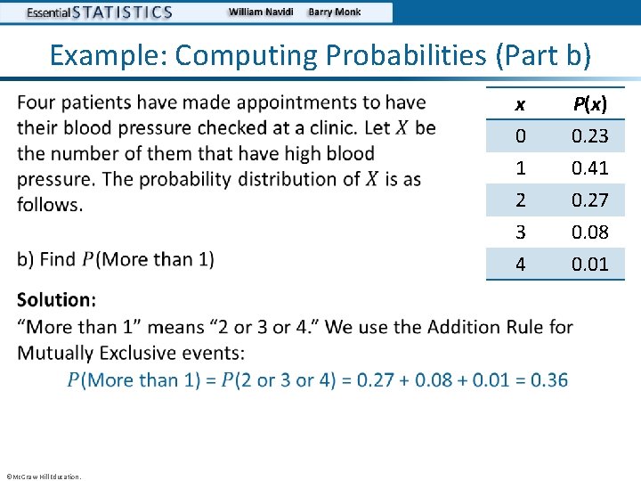Example: Computing Probabilities (Part b) • • ©Mc. Graw-Hill Education. x 0 1 2