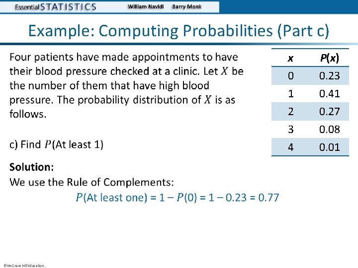 Example: Computing Probabilities (Part c) • • ©Mc. Graw-Hill Education. x 0 1 2