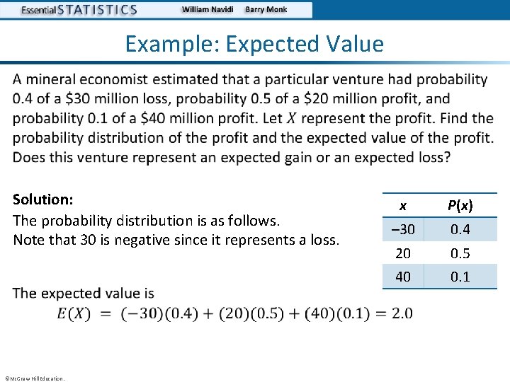 Example: Expected Value • Solution: The probability distribution is as follows. Note that 30