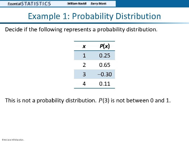 Example 1: Probability Distribution Decide if the following represents a probability distribution. • ©Mc.