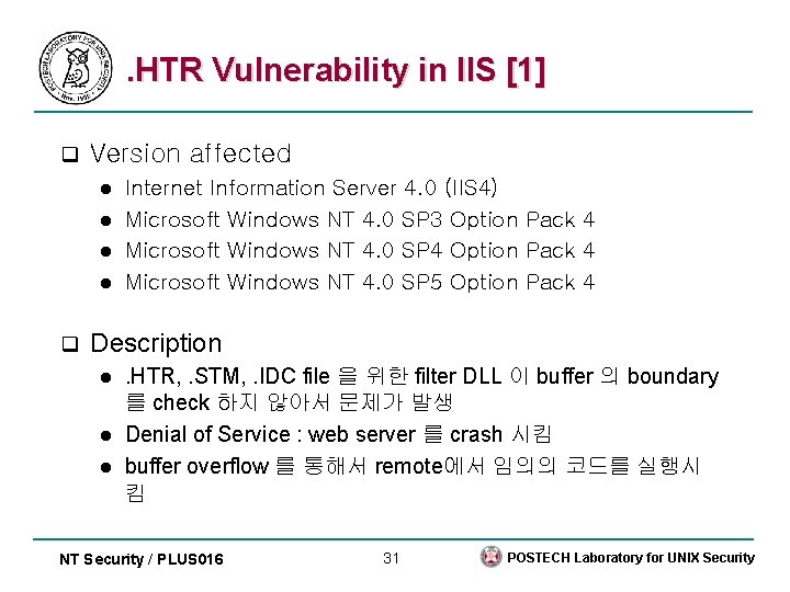 . HTR Vulnerability in IIS [1] q Version affected Internet Information Server 4. 0