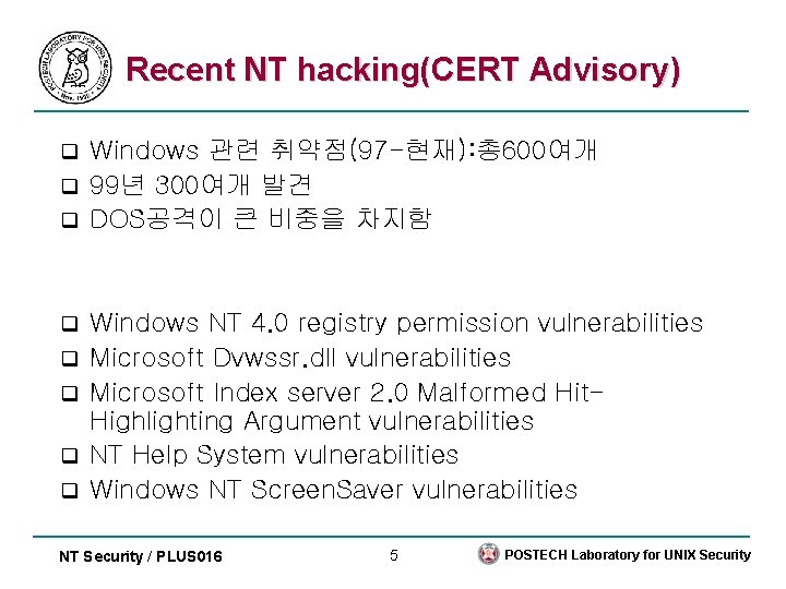 Recent NT hacking(CERT Advisory) Windows 관련 취약점(97 -현재): 총 600여개 q 99년 300여개 발견