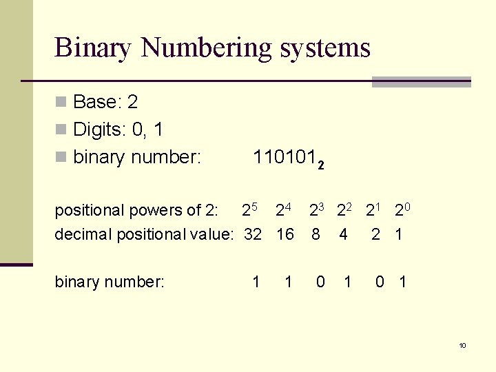 Binary Numbering systems n Base: 2 n Digits: 0, 1 n binary number: 1101012
