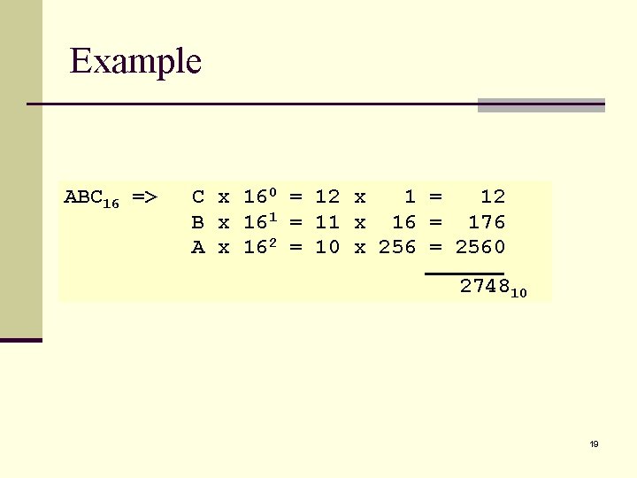 Example ABC 16 => C x 160 = 12 x 1 = 12 B