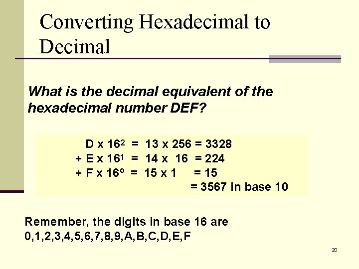 Converting Hexadecimal to Decimal What is the decimal equivalent of the hexadecimal number DEF?