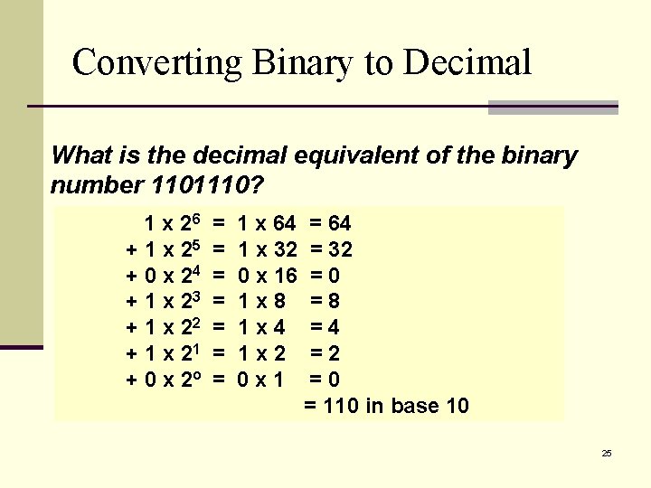 Converting Binary to Decimal What is the decimal equivalent of the binary number 1101110?