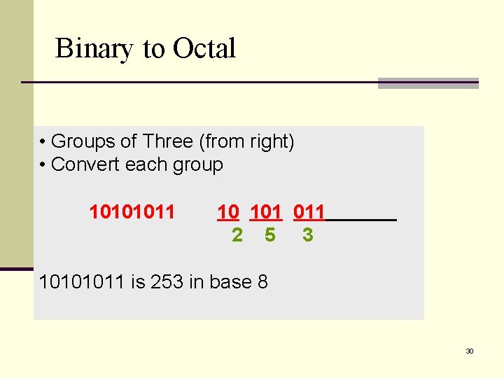 Binary to Octal • Groups of Three (from right) • Convert each group 10101011