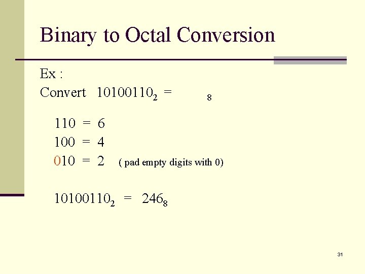 Binary to Octal Conversion Ex : Convert 101001102 = 110 = 6 100 =