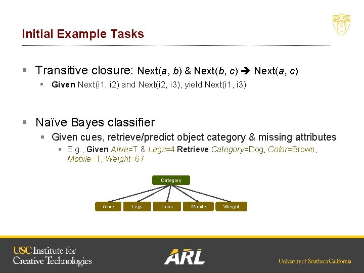 Initial Example Tasks § Transitive closure: Next(a, b) & Next(b, c) Next(a, c) §