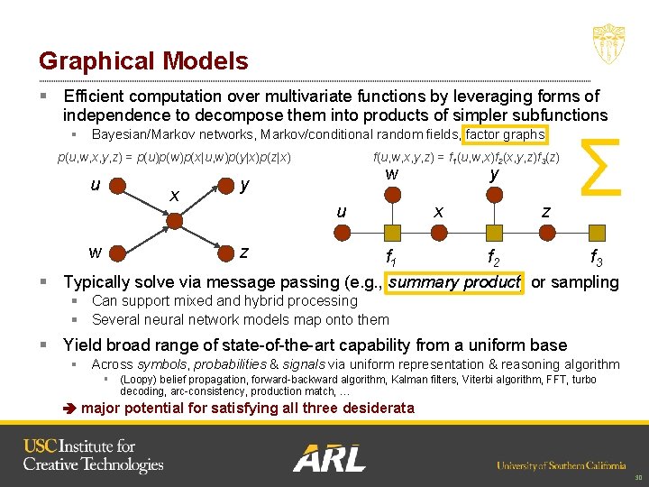 Graphical Models § Efficient computation over multivariate functions by leveraging forms of independence to
