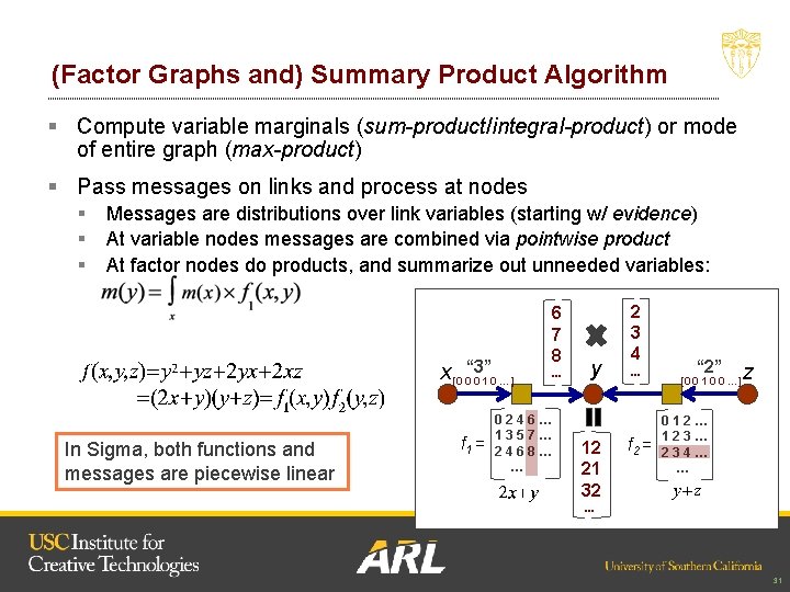 (Factor Graphs and) Summary Product Algorithm § Compute variable marginals (sum-product/integral-product) or mode of