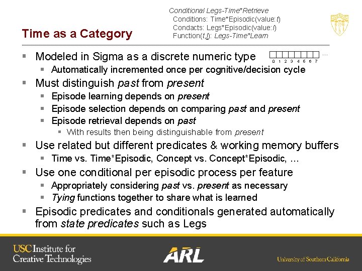 Time as a Category Conditional Legs-Time*Retrieve Conditions: Time*Episodic(value: t) Condacts: Legs*Episodic(value: l) Function(t, l):