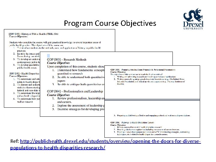 Program Course Objectives Ref: http: //publichealth. drexel. edu/students/overview/opening-the-doors-for-diversepopulations-to-health-disparities-research/ 