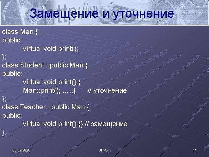 Замещение и уточнение class Man { public: virtual void print(); }; class Student :