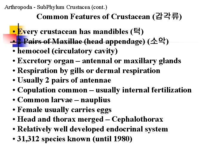 Arthropoda - Sub. Phylum Crustacea (cont. ) Common Features of Crustacean (갑각류) • Every