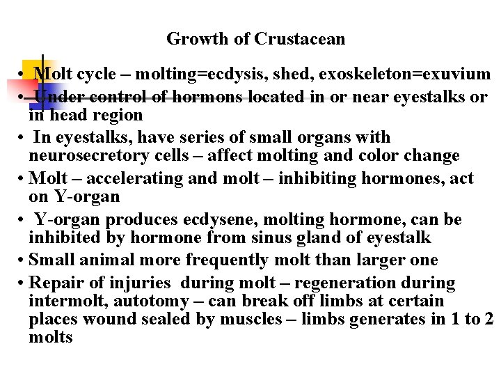 Growth of Crustacean • Molt cycle – molting=ecdysis, shed, exoskeleton=exuvium • Under control of