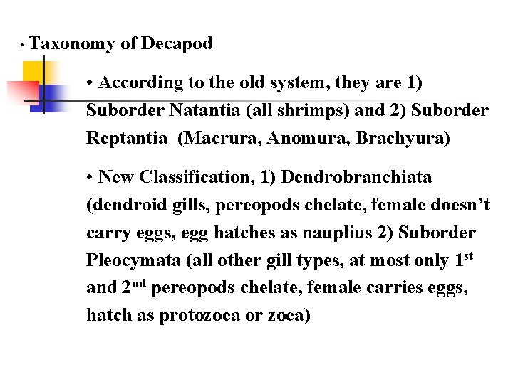  • Taxonomy of Decapod • According to the old system, they are 1)