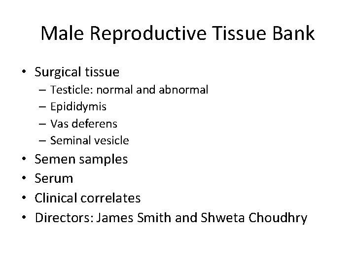 Male Reproductive Tissue Bank • Surgical tissue – Testicle: normal and abnormal – Epididymis