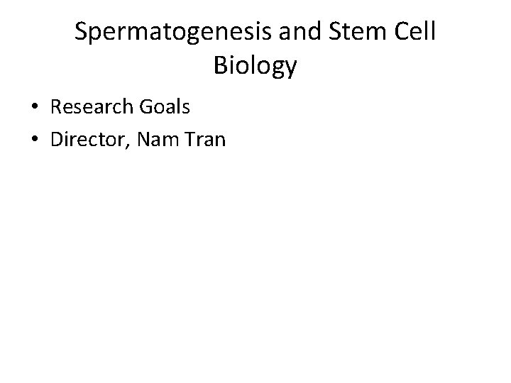 Spermatogenesis and Stem Cell Biology • Research Goals • Director, Nam Tran 