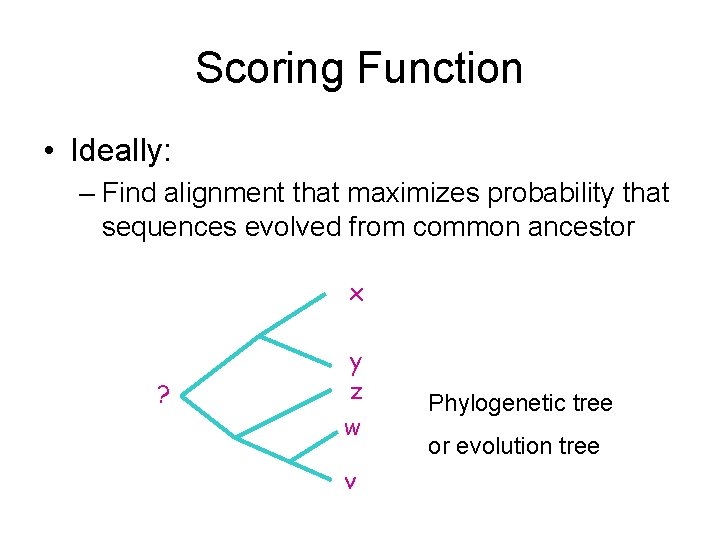 Scoring Function • Ideally: – Find alignment that maximizes probability that sequences evolved from