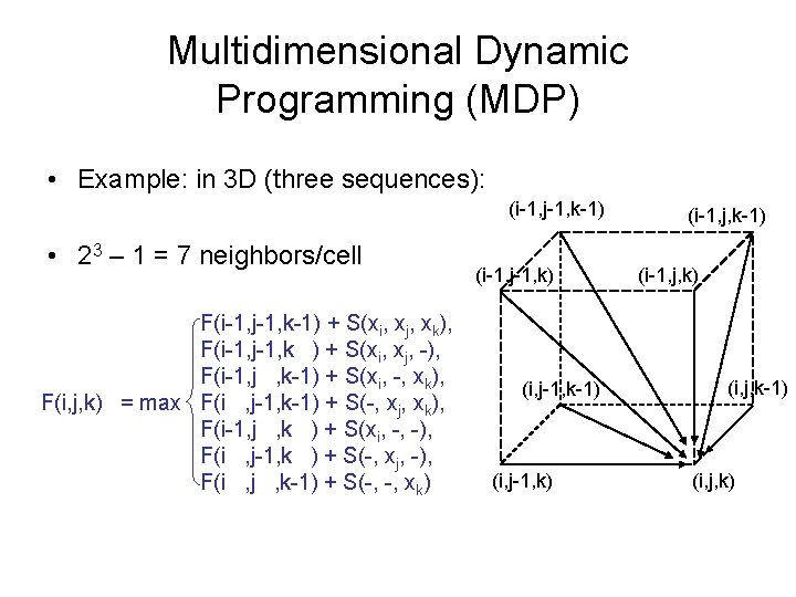 Multidimensional Dynamic Programming (MDP) • Example: in 3 D (three sequences): (i-1, j-1, k-1)