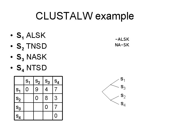 CLUSTALW example • • S 1 ALSK S 2 TNSD S 3 NASK S