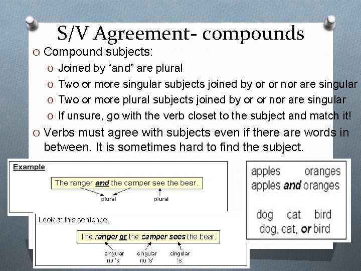 S/V Agreement- compounds O Compound subjects: O Joined by “and” are plural O Two