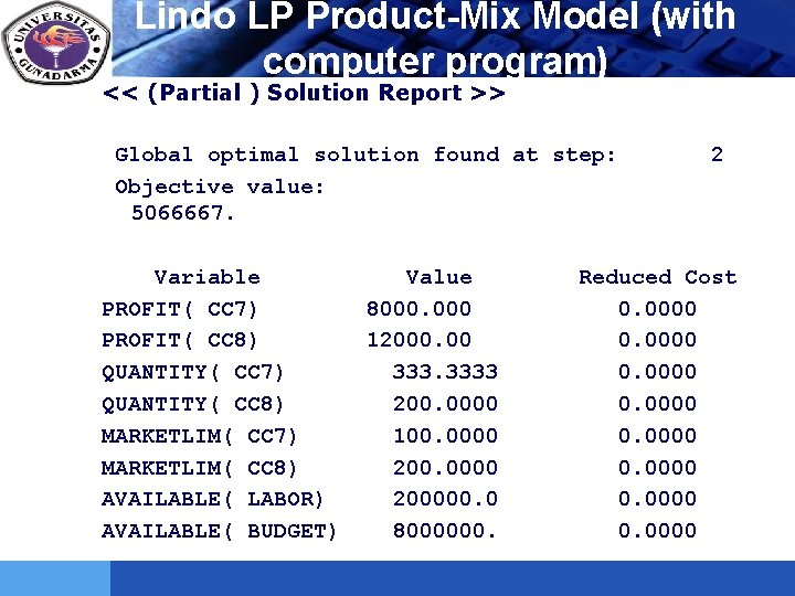 LOGO Lindo LP Product-Mix Model (with computer program) << (Partial ) Solution Report >>