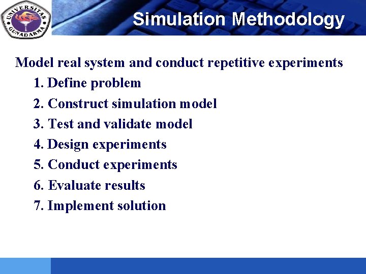LOGO Simulation Methodology Model real system and conduct repetitive experiments 1. Define problem 2.