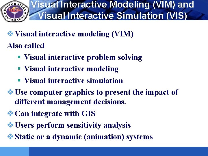 LOGO Visual Interactive Modeling (VIM) and Visual Interactive Simulation (VIS) v Visual interactive modeling