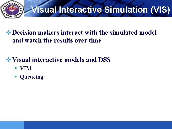 LOGO Visual Interactive Simulation (VIS) v Decision makers interact with the simulated model and