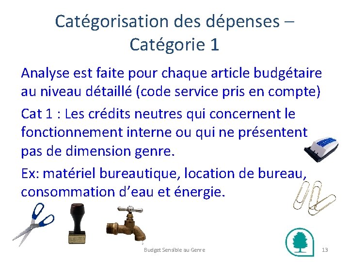 Catégorisation des dépenses – Catégorie 1 Analyse est faite pour chaque article budgétaire au