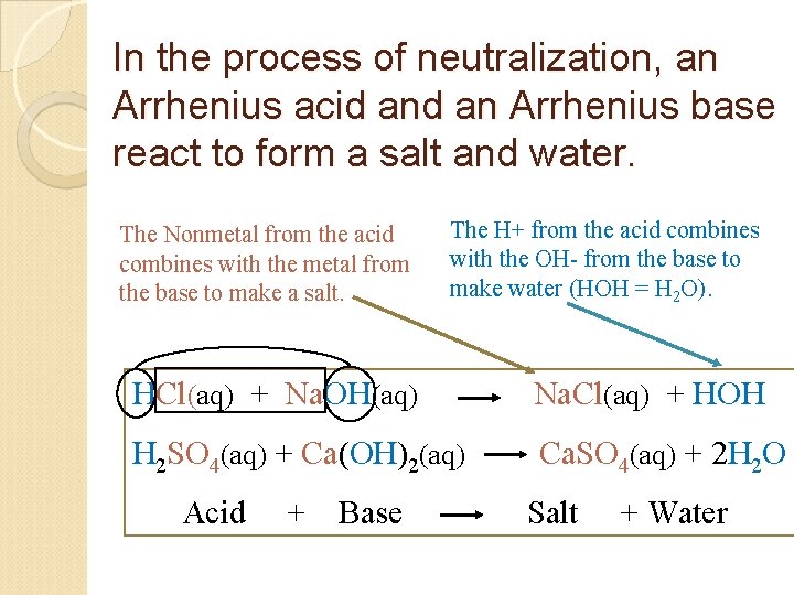 In the process of neutralization, an Arrhenius acid an Arrhenius base react to form