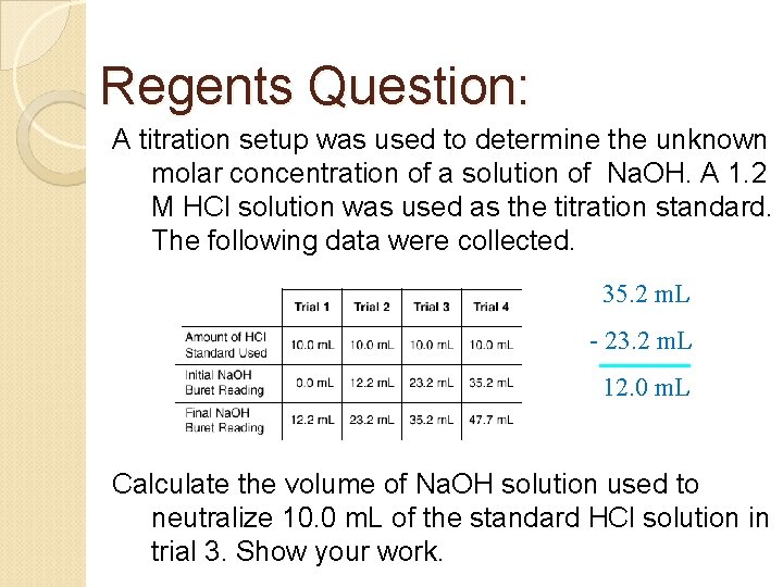 Regents Question: A titration setup was used to determine the unknown molar concentration of