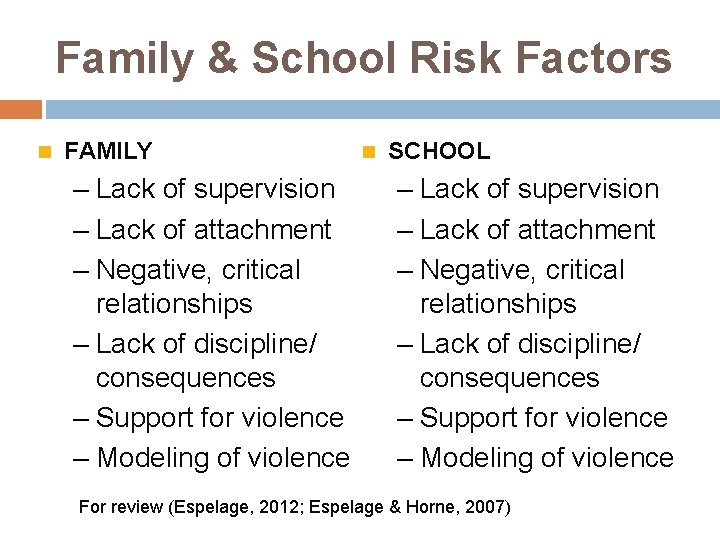 Family & School Risk Factors FAMILY – Lack of supervision – Lack of attachment