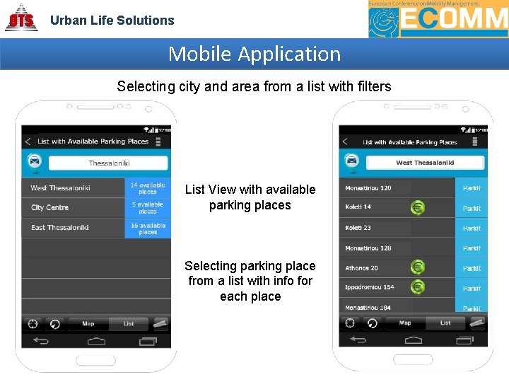 Urban Life Solutions Mobile Application Selecting city and area from a list with filters