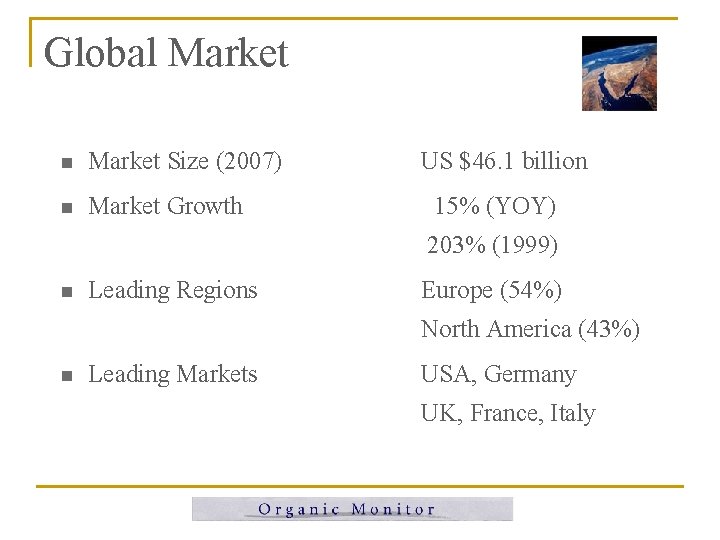 Global Market n Market Size (2007) n Market Growth US $46. 1 billion 15% Global Market n Market Size (2007) n Market Growth US $46. 1 billion 15%