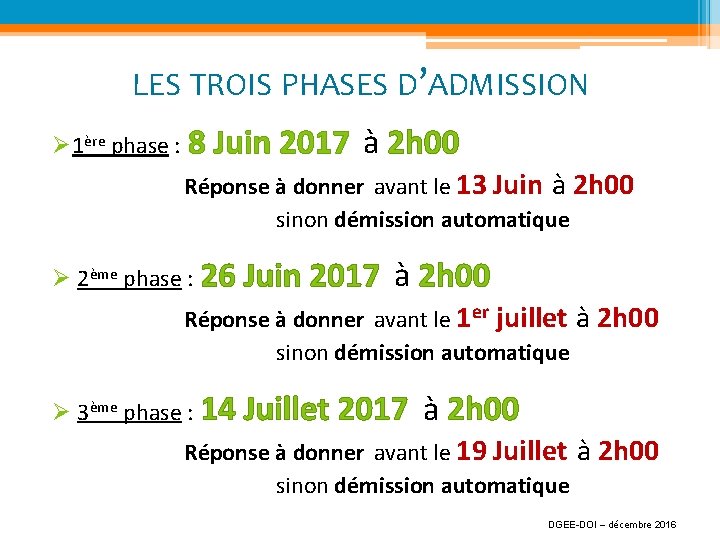 LES TROIS PHASES D’ADMISSION Ø 1ère phase : 8 Juin 2017 à 2 h